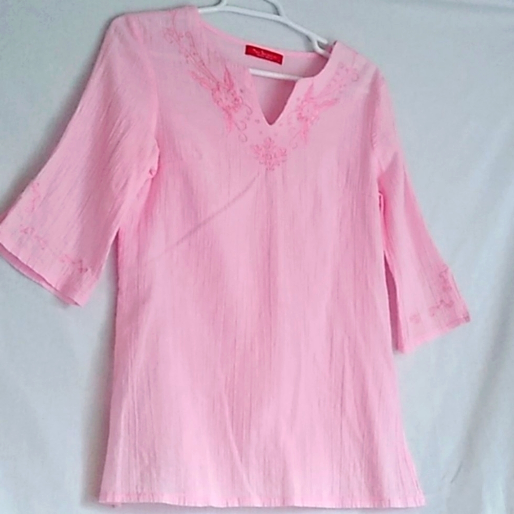 New Sensation Pink Gauze Tunic Top Embroidered Medium
